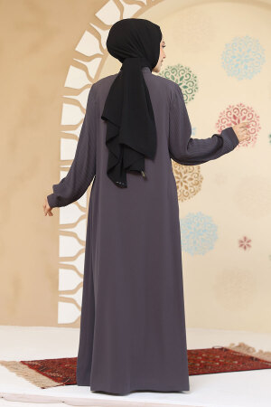 Pile Detaylı Füme Tesettür Abaya 45296FU - 3