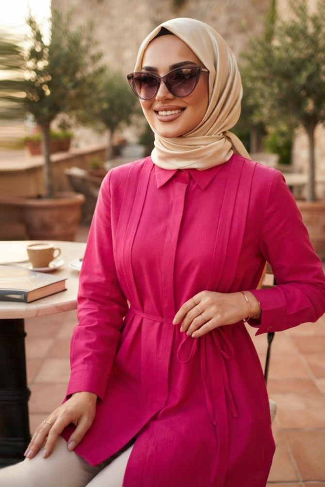 Pile Detaylı Fuşya Tesettür Tunik 20273F - N.S NEVA STYLE