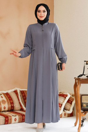 Pile Detaylı Gri Tesettür Ferace 45289GR - NEVA STYLE