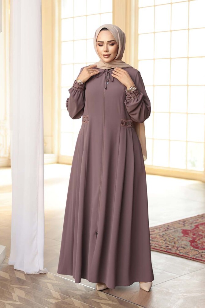 Pile Detaylı Gül Kurusu Tesettür Ferace 45271GK - 3