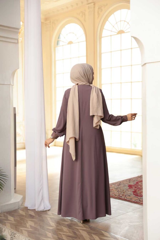 Pile Detaylı Gül Kurusu Tesettür Ferace 45271GK - 4