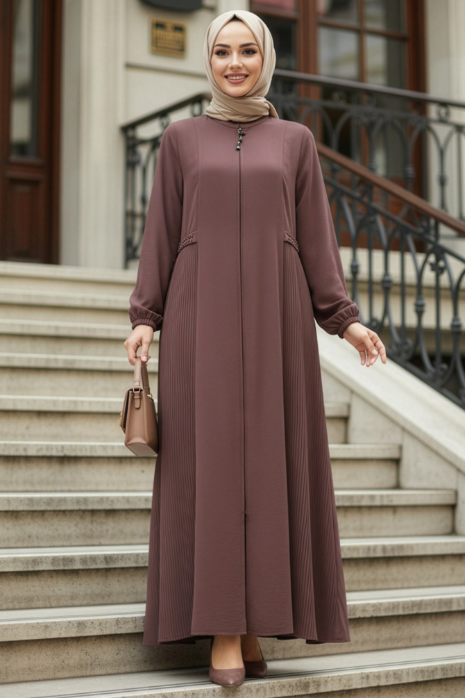 Pile Detaylı Gül Kurusu Tesettür Ferace 45289GK - N.S NEVA STYLE