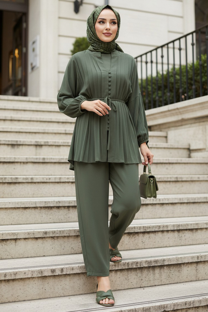 Pile Detaylı Haki Tesettür İkili Takım 19031HK - 1