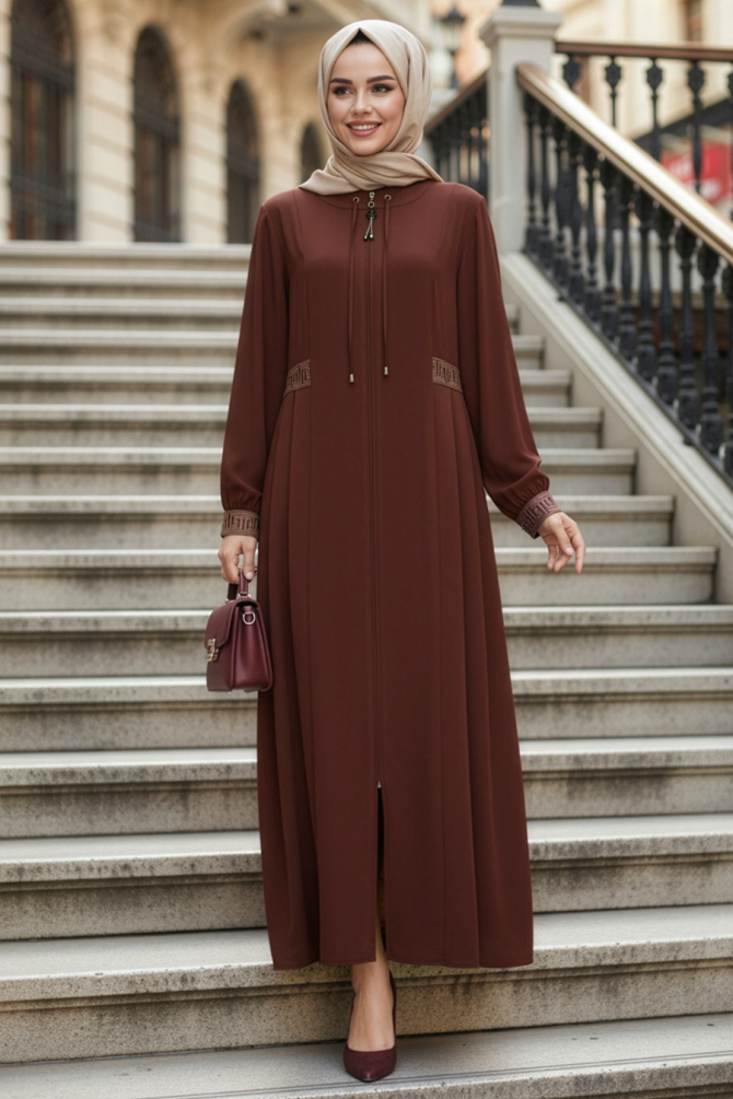 Pile Detaylı Kahverengi Tesettür Ferace 45271KH - N.S NEVA STYLE