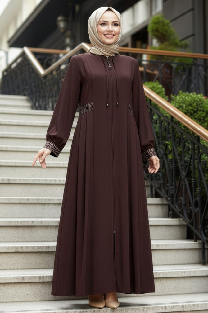 Pile Detaylı Koyu Kahverengi Tesettür Ferace 45271KKH - N.S NEVA STYLE