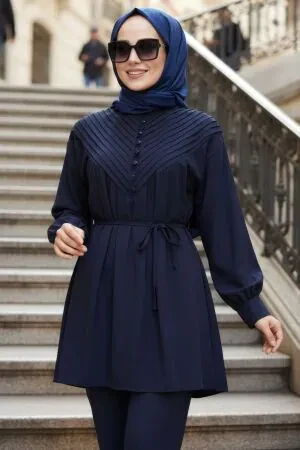 Pile Detaylı Koyu Lacivert Tesettür Tunik 19302KL 