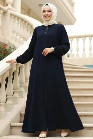 Pile Detaylı Lacivert Tesettür Abaya 45296L 