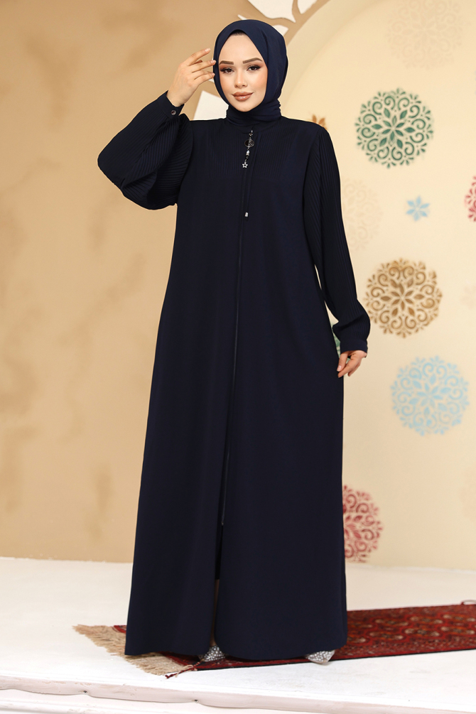 Pile Detaylı Lacivert Tesettür Abaya 45296L - 1