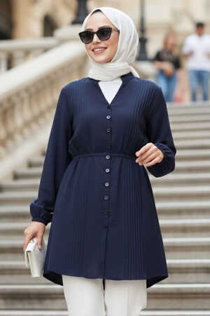 Pile Detaylı Lacivert Tesettür Tunik 20299L - N.S NEVA STYLE