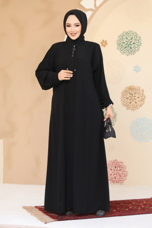 Pile Detaylı Siyah Tesettür Abaya 45296S - 2