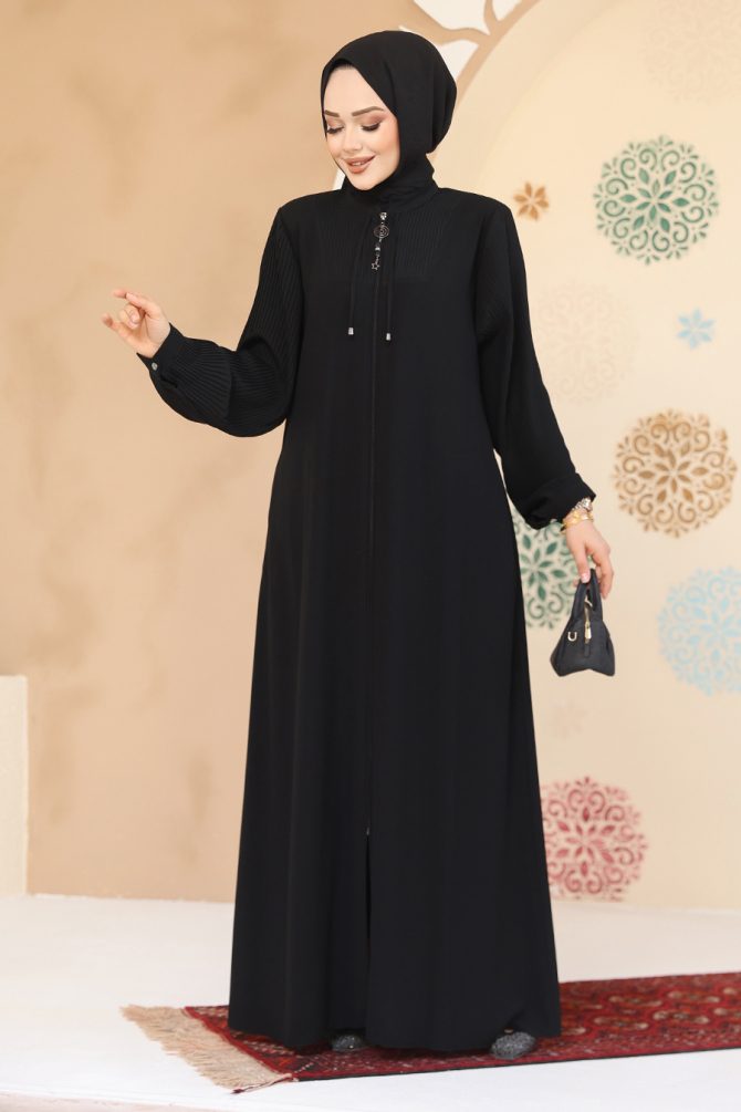 Pile Detaylı Siyah Tesettür Abaya 45296S - 1