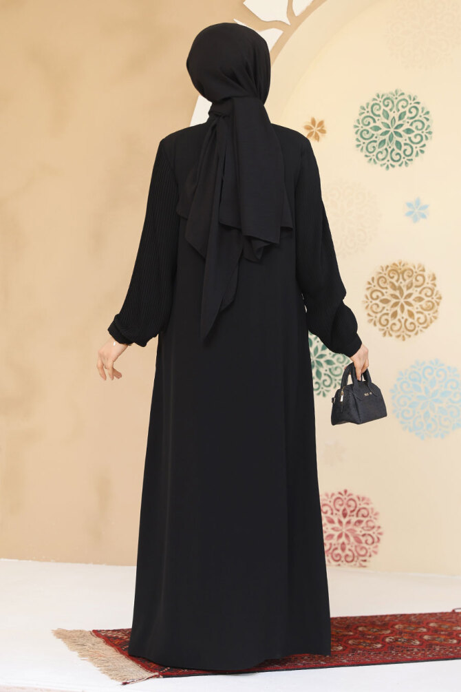 Pile Detaylı Siyah Tesettür Abaya 45296S - 3