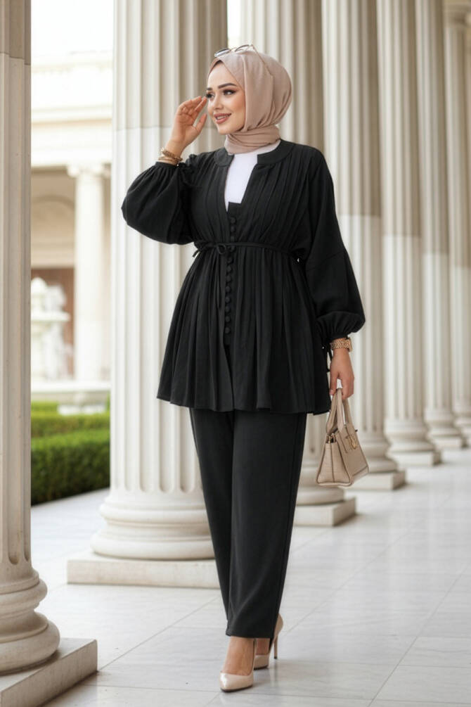 Pile Detaylı Siyah Tesettür İkili Takım 19031S - N.S NEVA STYLE