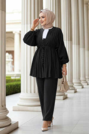 Pile Detaylı Siyah Tesettür İkili Takım 19031S - N.S NEVA STYLE