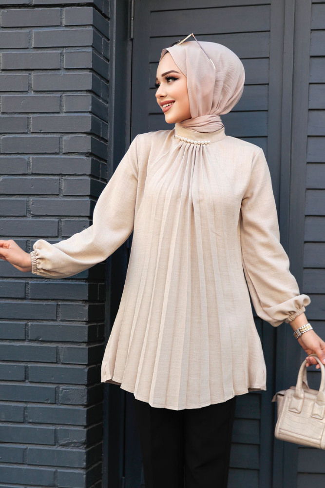 Pileli Bej Tesettür Tunik 41391BEJ - 4