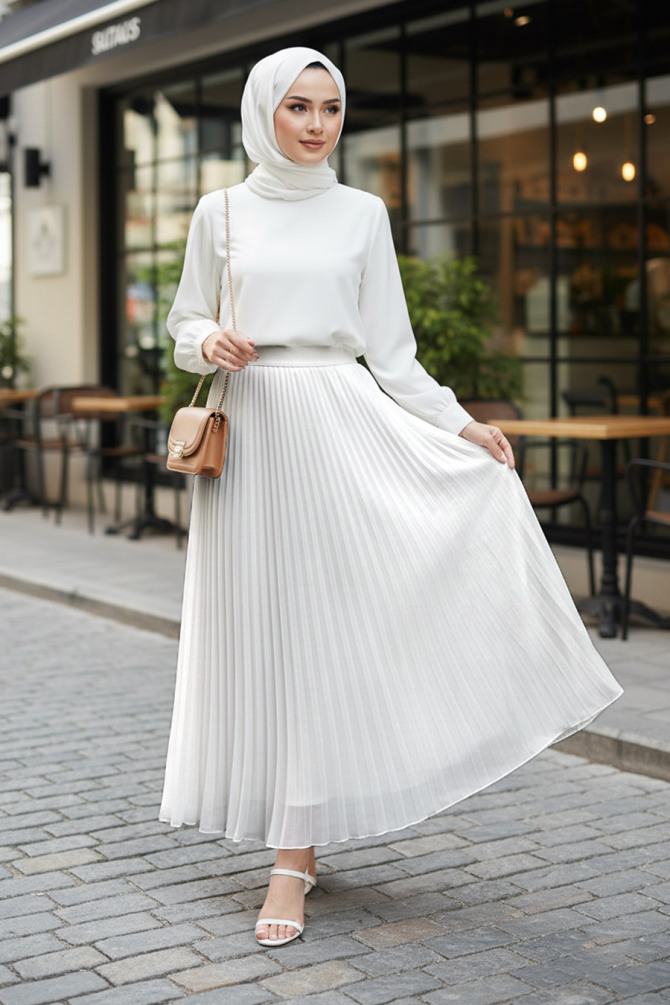 Pileli Beyaz Tesettür Etek 92161B - NEVA STYLE