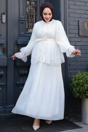 Pileli Beyaz Tesettür Etekli İkili Takım 4478B - 1
