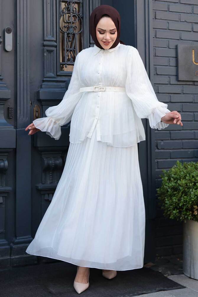 Pileli Beyaz Tesettür Etekli İkili Takım 4478B - 1