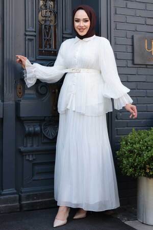 Pileli Beyaz Tesettür Etekli İkili Takım 4478B - 2