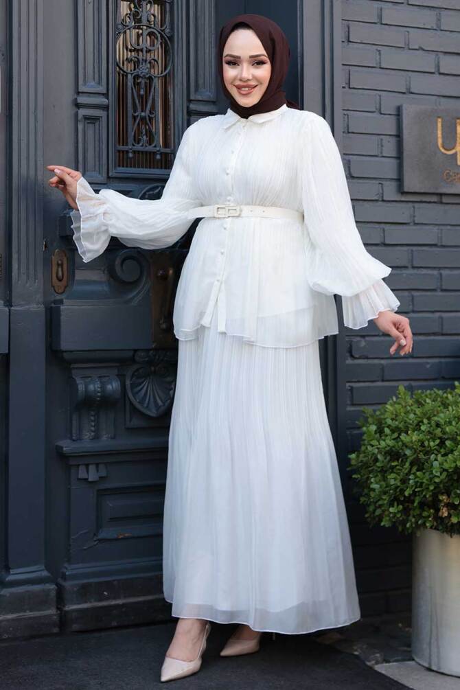 Pileli Beyaz Tesettür Etekli İkili Takım 4478B - 2