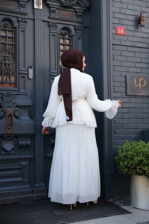 Pileli Beyaz Tesettür Etekli İkili Takım 4478B - 3