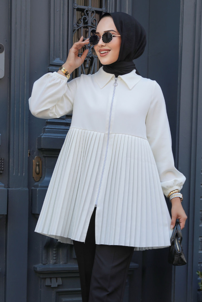 Pileli Beyaz Tesettür Kap 12171B - NEVA STYLE