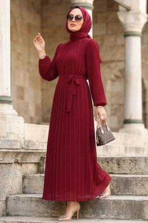 Pileli Bordo Tesettür Elbise 30301BR 