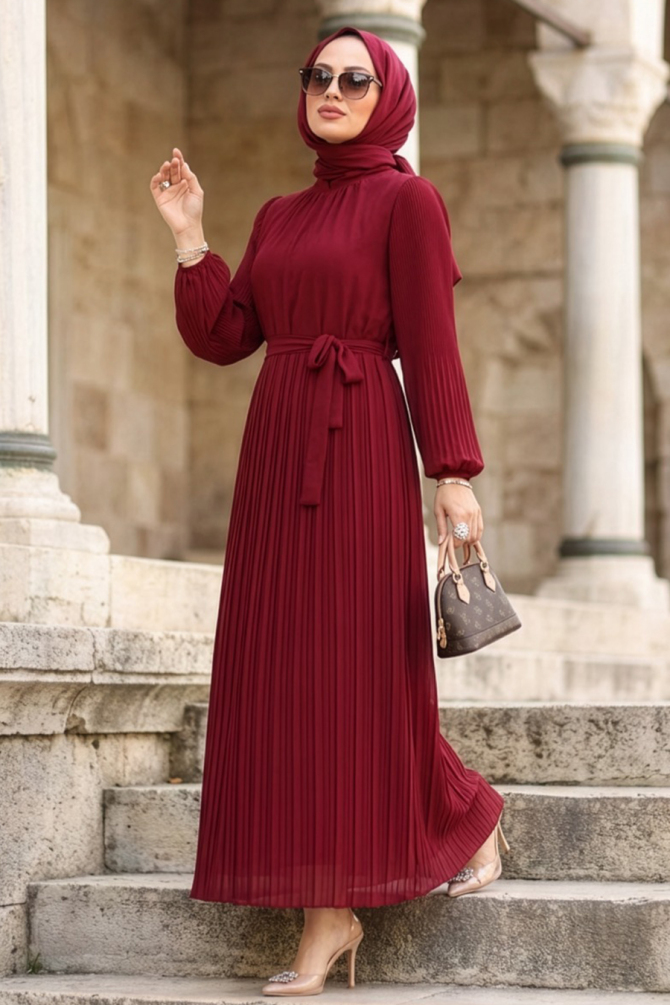 Pileli Bordo Tesettür Elbise 30301BR - 1