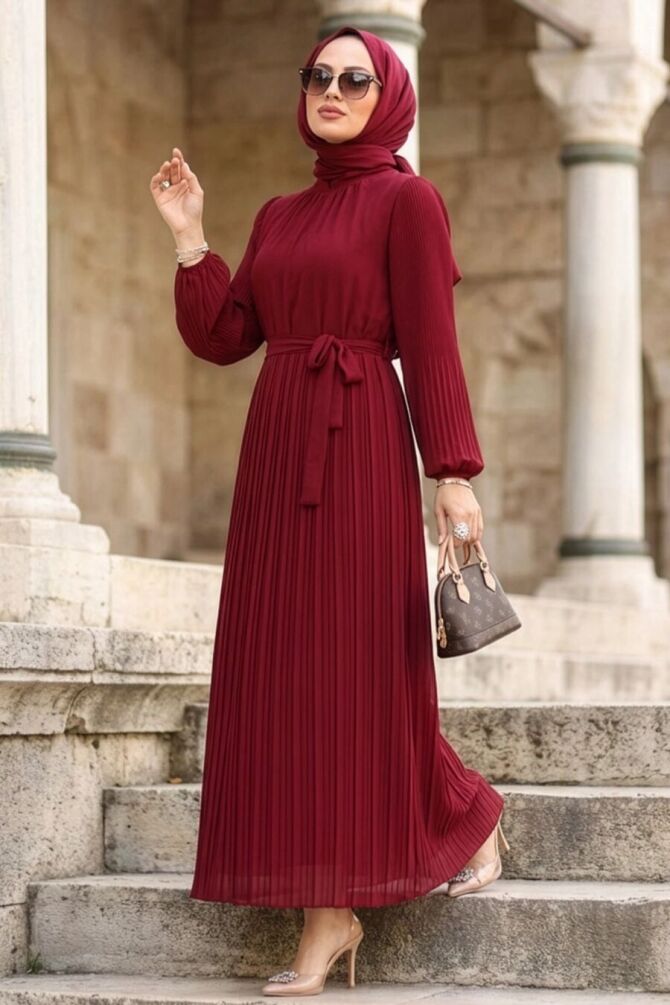 Pileli Bordo Tesettür Elbise 30301BR - 1