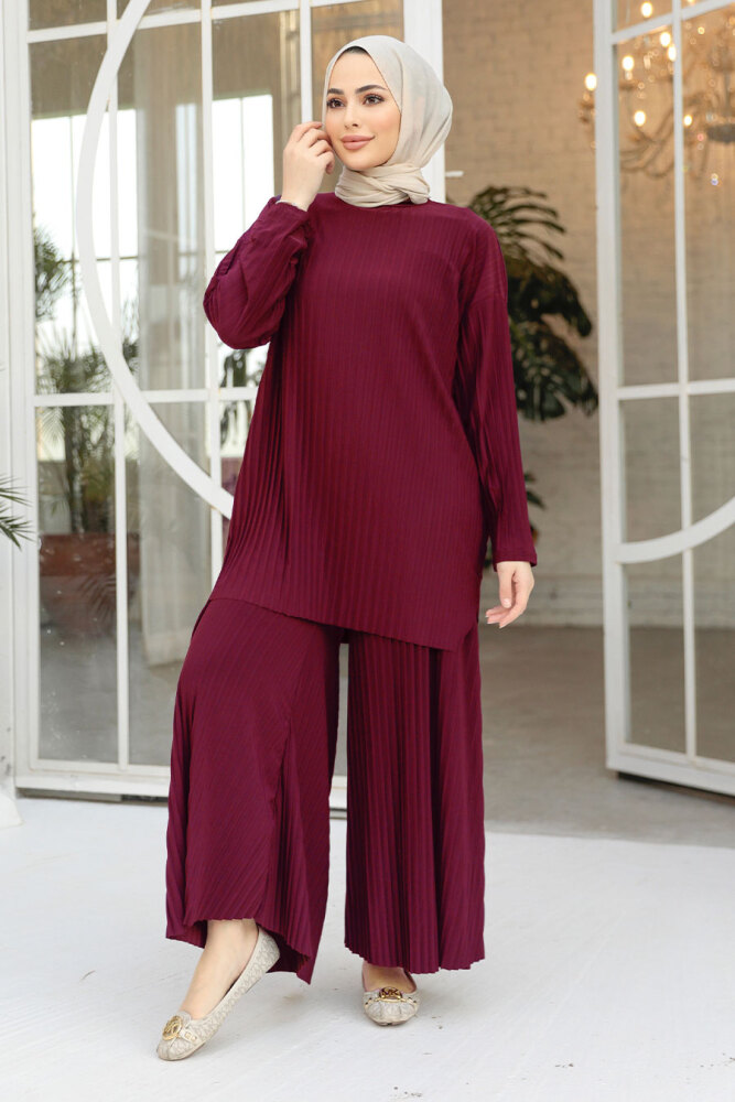Pileli Bordo Tesettür İkili Takım 12107BR - 1