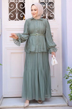 Pileli Çağla Yeşili Tesettür Etekli İkili Takım 4478CY - 2