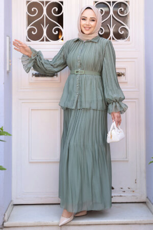 Pileli Çağla Yeşili Tesettür Etekli İkili Takım 4478CY - 3