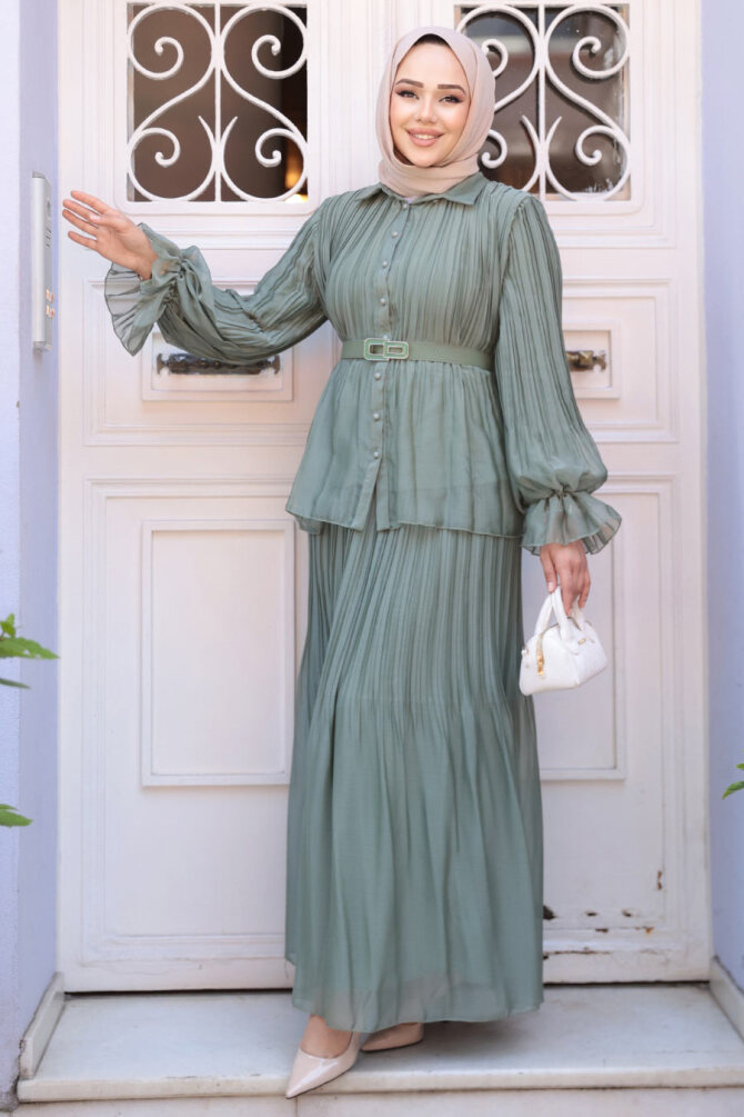 Pileli Çağla Yeşili Tesettür Etekli İkili Takım 4478CY - 3
