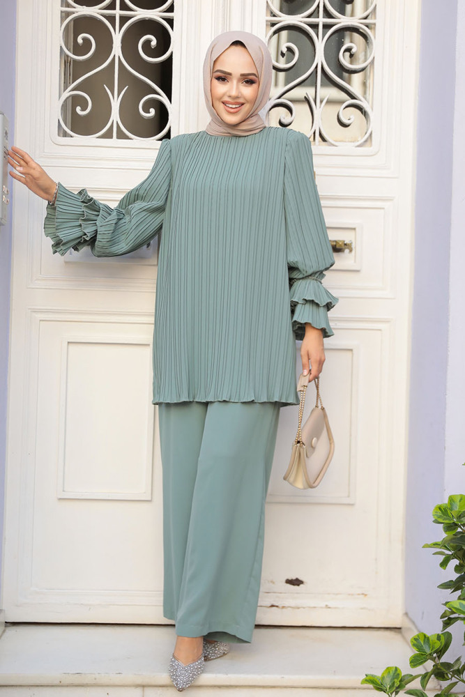 Pileli Çağla Yeşili Tesettür İkili Takım 17301CY - 1