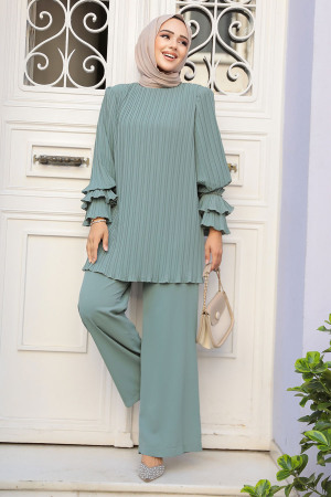 Pileli Çağla Yeşili Tesettür İkili Takım 17301CY - 2