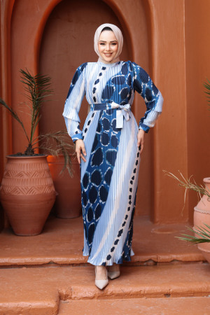 Pileli Desenli Bebek Mavisi Tesettür Elbise 23503BM 