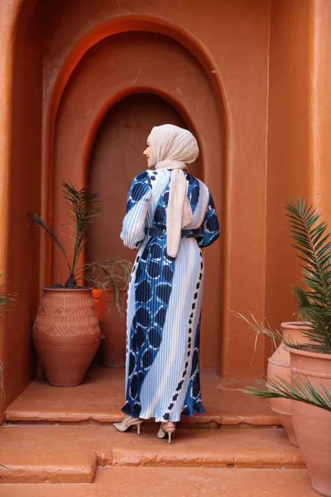 Pileli Desenli Bebek Mavisi Tesettür Elbise 23503BM - 3