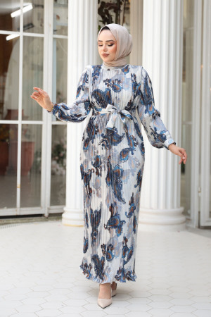 Pileli Desenli Bej Tesettür Elbise 23502BEJ 