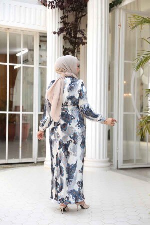 Pileli Desenli Bej Tesettür Elbise 23502BEJ - 3