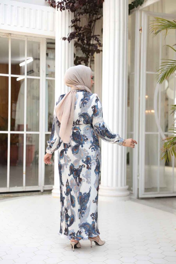 Pileli Desenli Bej Tesettür Elbise 23502BEJ - 3