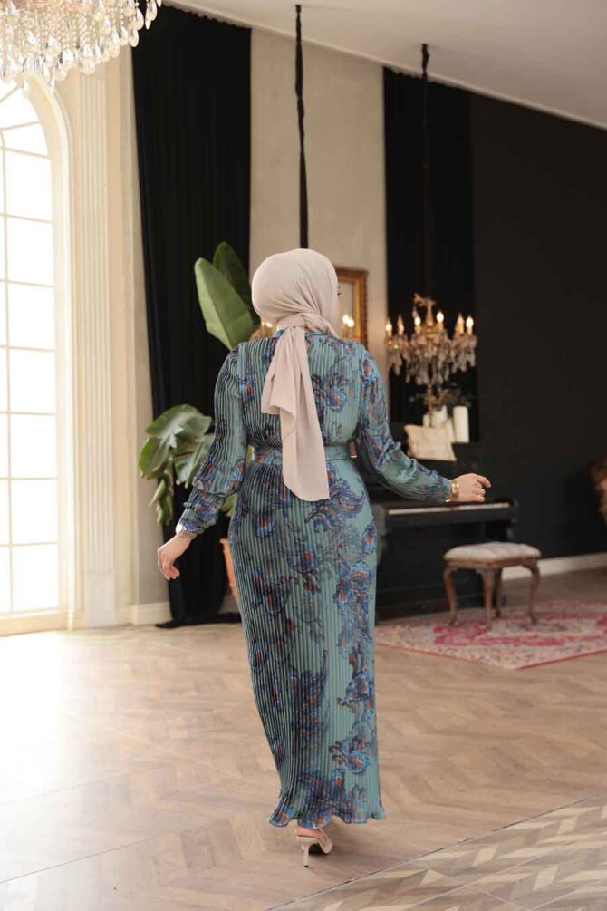 Pileli Desenli Çağla Yeşili Tesettür Elbise 23502CY - 3