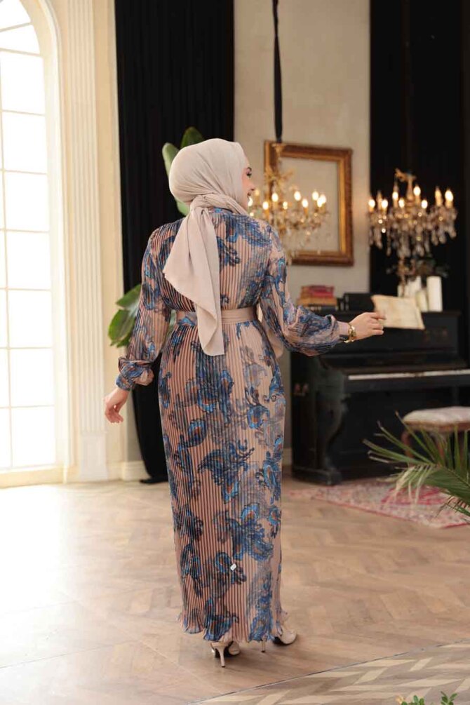 Pileli Desenli Camel Tesettür Elbise 23502C - 3