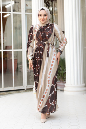 Pileli Desenli Gold Tesettür Elbise 23503GOLD 