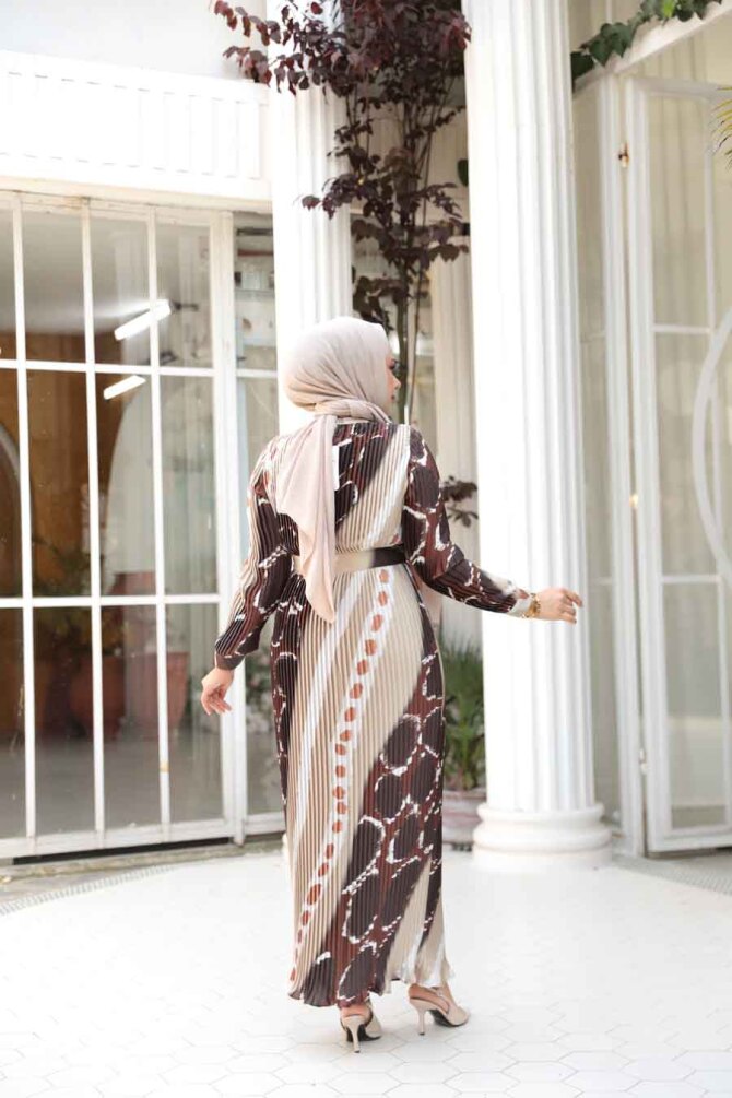 Pileli Desenli Gold Tesettür Elbise 23503GOLD - 3