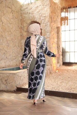 Pileli Desenli Haki Tesettür Elbise 23503HK - 5