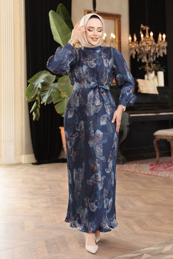 Pileli Desenli Siyah Tesettür Elbise 23502L - 2