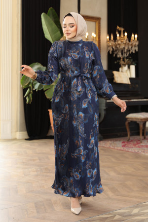 Pileli Desenli Siyah Tesettür Elbise 23502L 