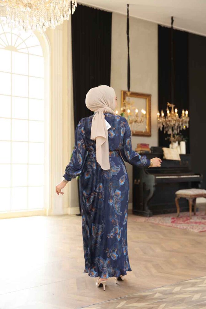 Pileli Desenli Siyah Tesettür Elbise 23502L - 3