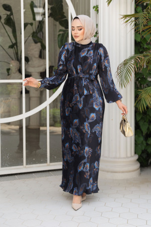 Pileli Desenli Siyah Tesettür Elbise 23502S 