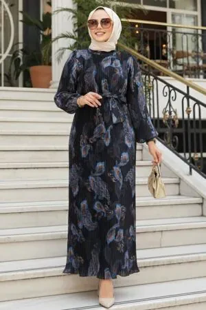 Pileli Desenli Siyah Tesettür Elbise 23502S 